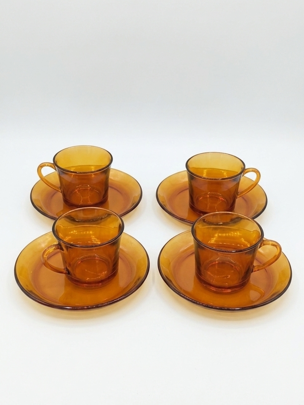 Vintage Duralex France Amber Glass Tea  Coffee Cups + Saucers - Set of 4